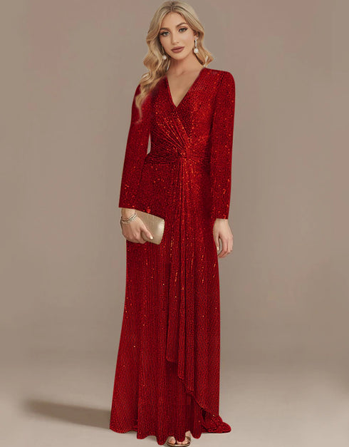 Long Sleeve V-Neck Evening Dress